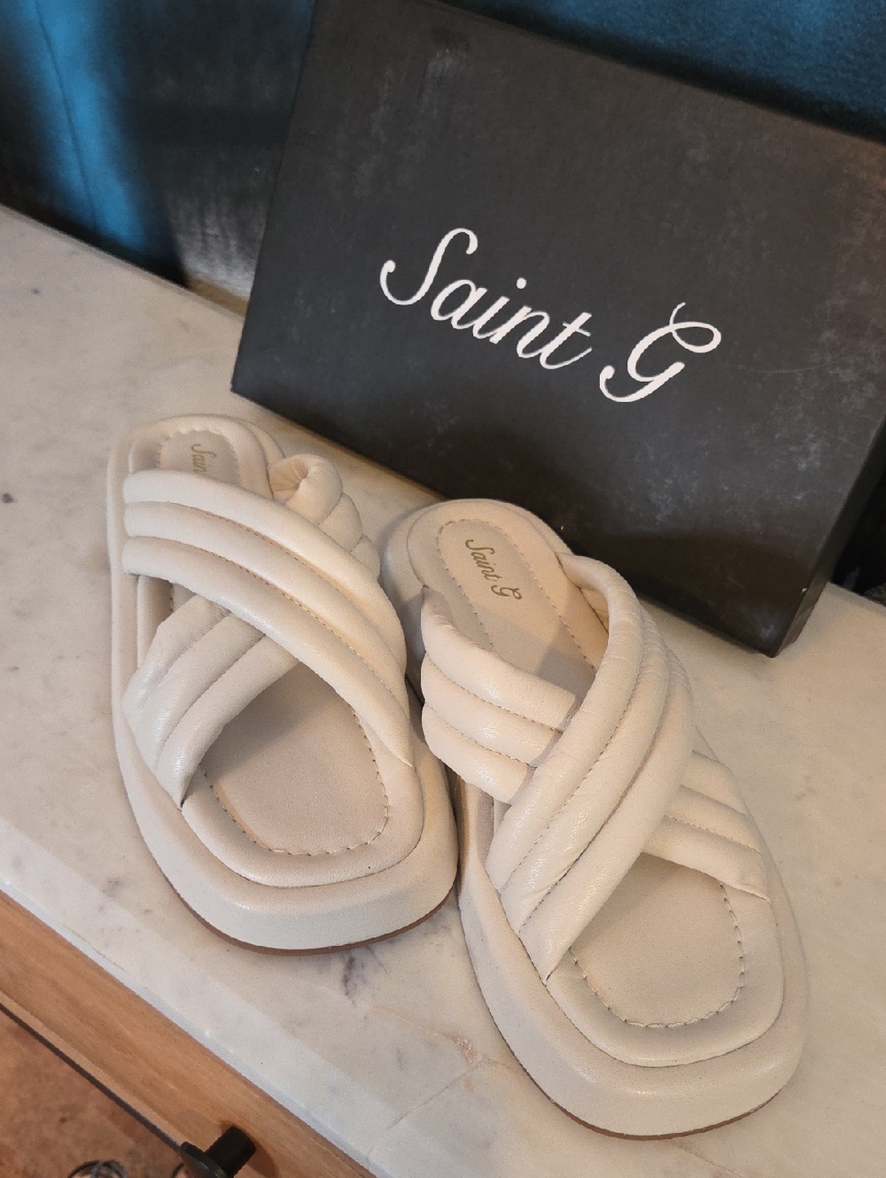 Saint G Cream Quilted Cross‑Strap Leathet Slide Sandals
